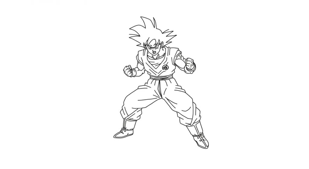 Desenho de Goku em pose de luta para imprimir em PDF Desenho do Goku para colorir em PDF: pose de luta, punhos cerrados, expressão intensa, cabelo Super Saiyajin.