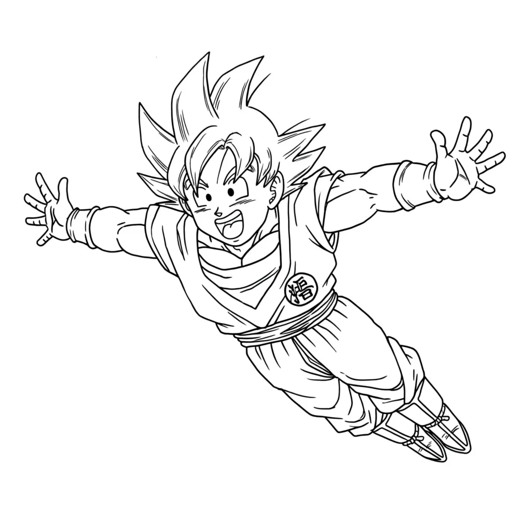 Desenho de Goku para colorir em pose dinâmica para imprimir Goku sorridente em pose de avanço para colorir, vestindo kimono laranja e azul, com traços nítidos para pintura.