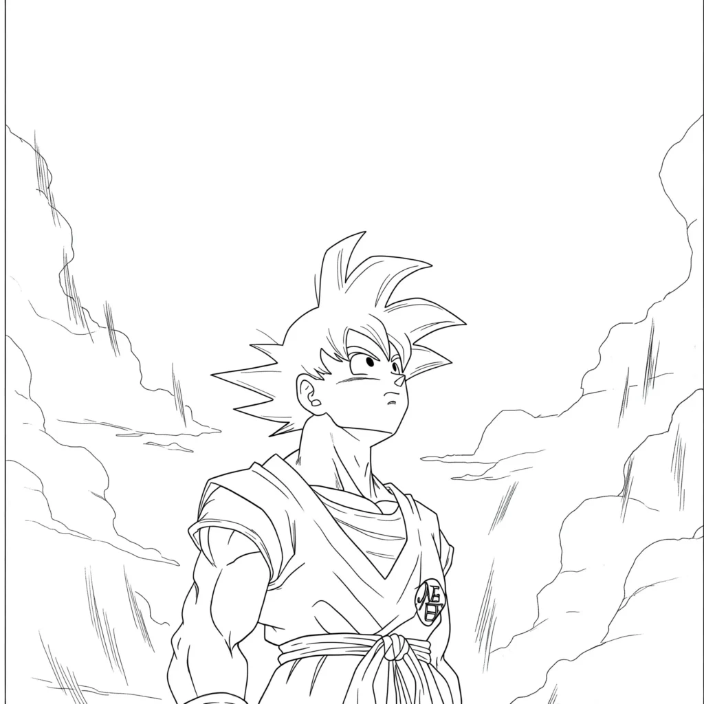 Desenho de Goku para colorir: Saiyajin para imprimir em PDF Goku em traços para pintar, disponível em PDF. O Saiyajin veste seu kimono laranja e olha para cima com semblante sério.