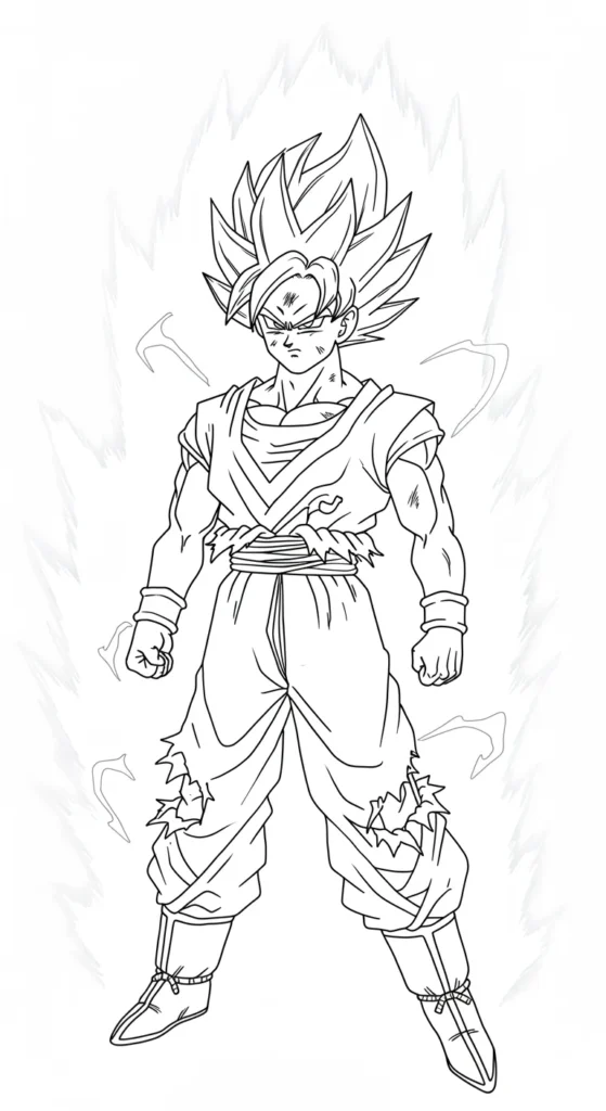 Desenho de Goku Super Saiyajin para colorir e imprimir Desenho de Goku como Super Saiyajin, pose de luta, olhar concentrado, uniforme laranja danificado e aura de energia ao redor.