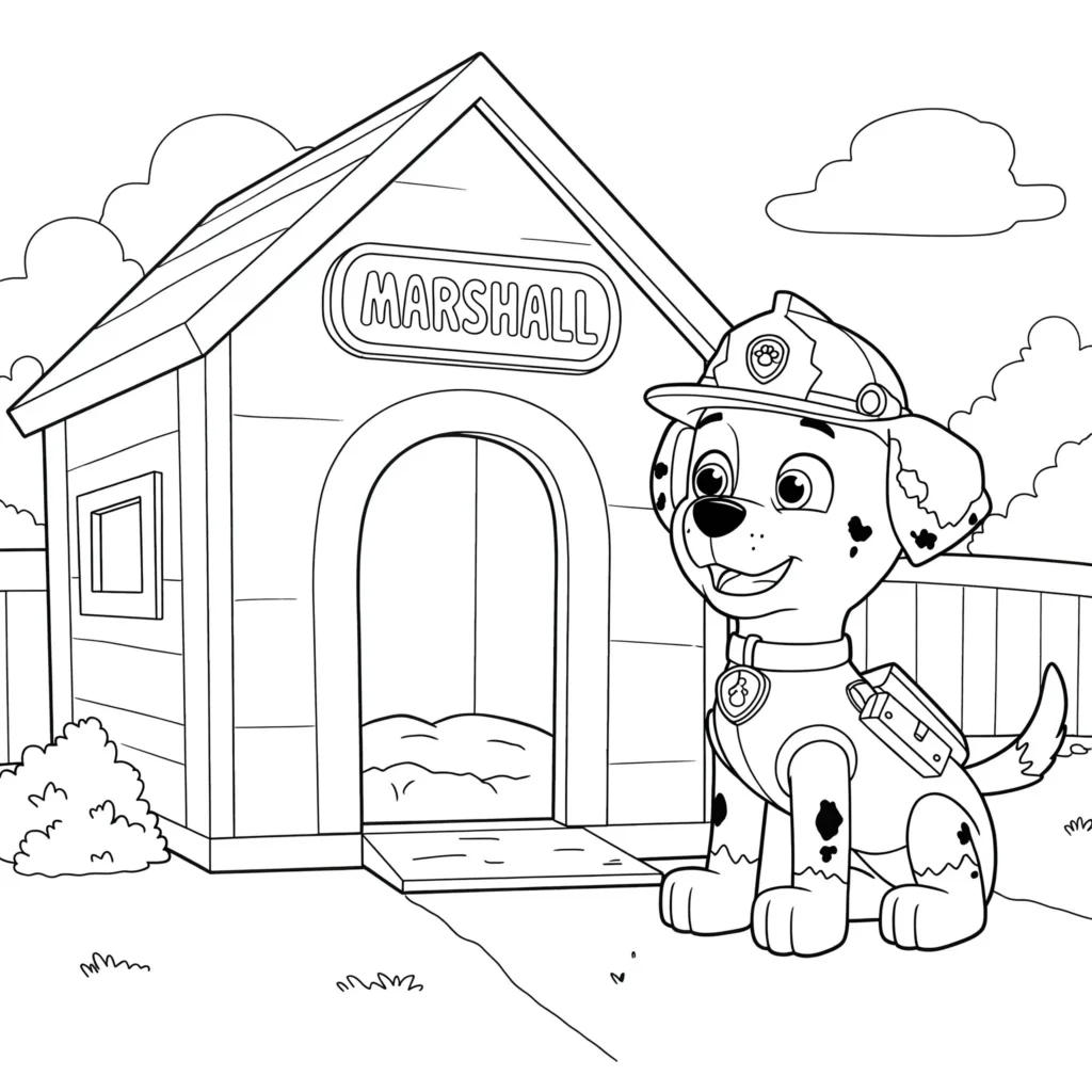Desenho de Marshall da Patrulha Canina pronto para Pintar Desenho do Marshall, bombeiro da Patrulha Canina, sentado feliz diante de sua casinha de madeira.