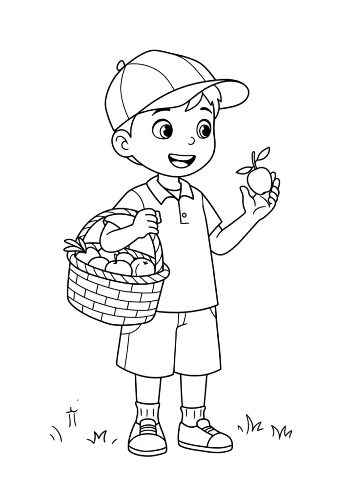 Desenho de Menino com Cesta de Maçãs para Colorir e Imprimir Desenho para colorir de menino sorridente com boné. Ele tem uma cesta de maçãs e mostra uma fruta.