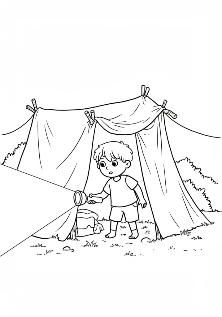 Desenho de menino com lanterna para colorir e imprimir Desenho para colorir de menino descalço com lanterna na mão, diante de cabana de lençóis.