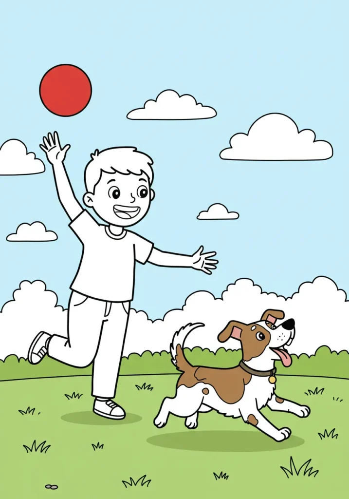 Desenho de menino e cachorro brincando para imprimir Desenho para colorir mostra menino sorridente de roupa branca correndo com braços abertos ao lado de seu cachorro.