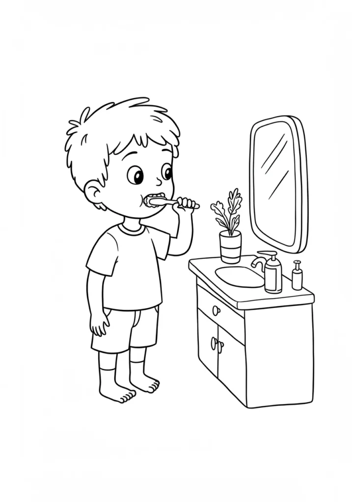 Desenho de menino escovando os dentes para colorir Menino de pé escovando os dentes na pia. Usa camiseta e shorts. Banheiro com espelho e planta.