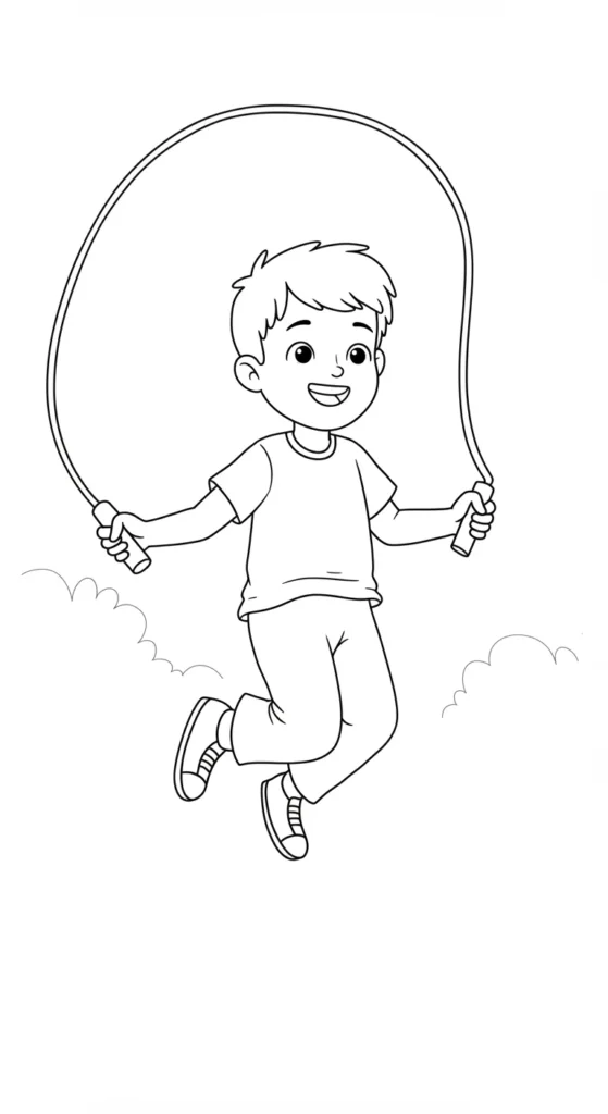 Desenho de Menino Feliz Pulando Corda para Colorir Desenho para pintar de um garoto pulando corda com energia. Ele veste roupas casuais e salta no ar enquanto gira a corda.