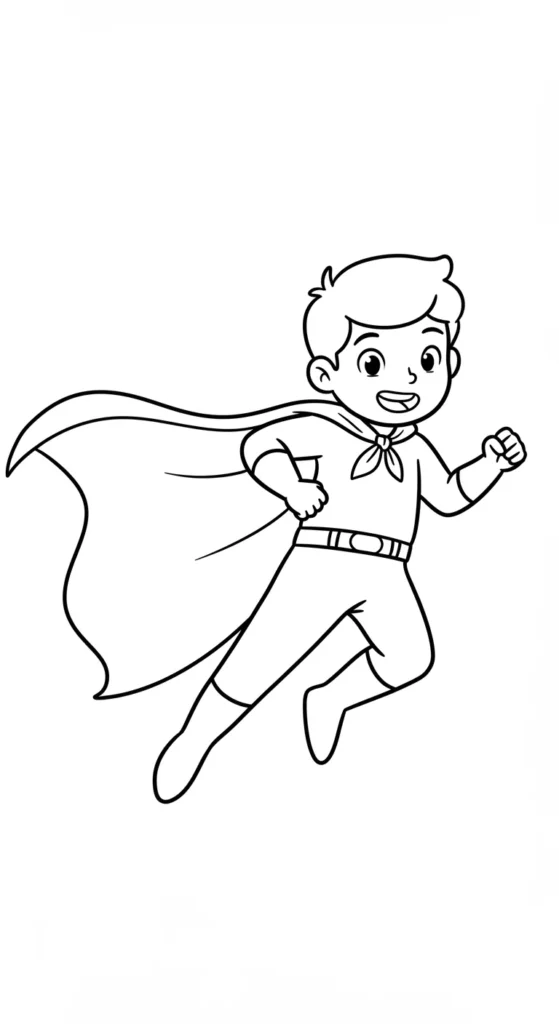 Desenho de Menino Herói para Colorir com Capa e Pose de Ação Desenho para atividade de colorir menino super-herói feliz com capa, uniforme justo, cinto e botas, avançando em pose heroica