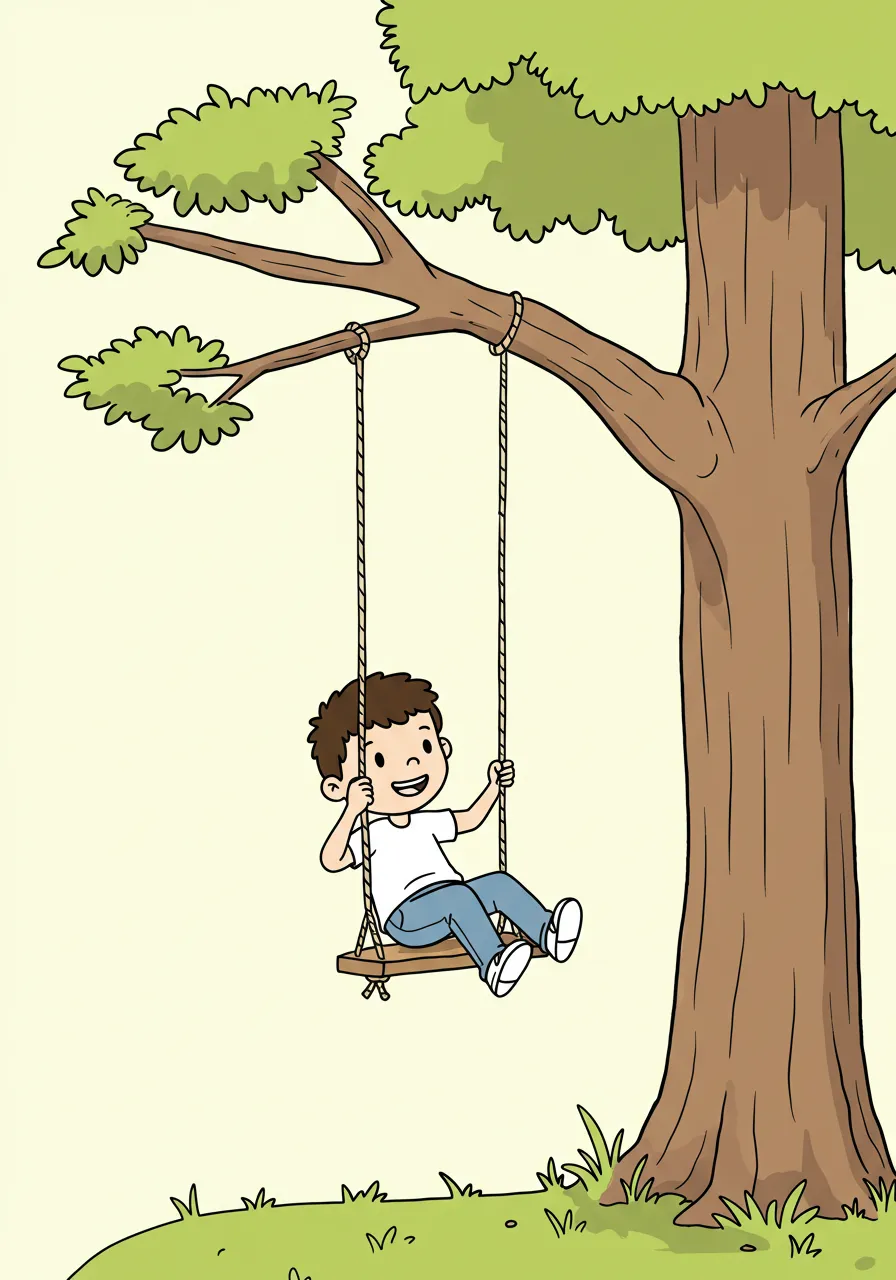 Desenho para colorir: menino feliz de cabelo castanho, sentado em balanço de madeira preso a uma árvore robusta.