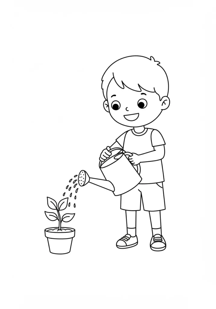 Desenho de Menino Regando Planta para Colorir e Imprimir Desenho para colorir de menino feliz cuidando de sua planta. Ele usa um regador e veste roupa casual.