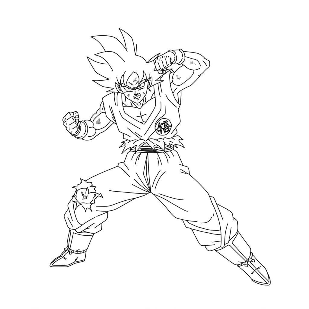 Desenho do Goku em pose de combate pronto para imprimir Goku em pose de luta com expressão furiosa e uniforme laranja rasgado. Desenho pronto para atividades de pintura.