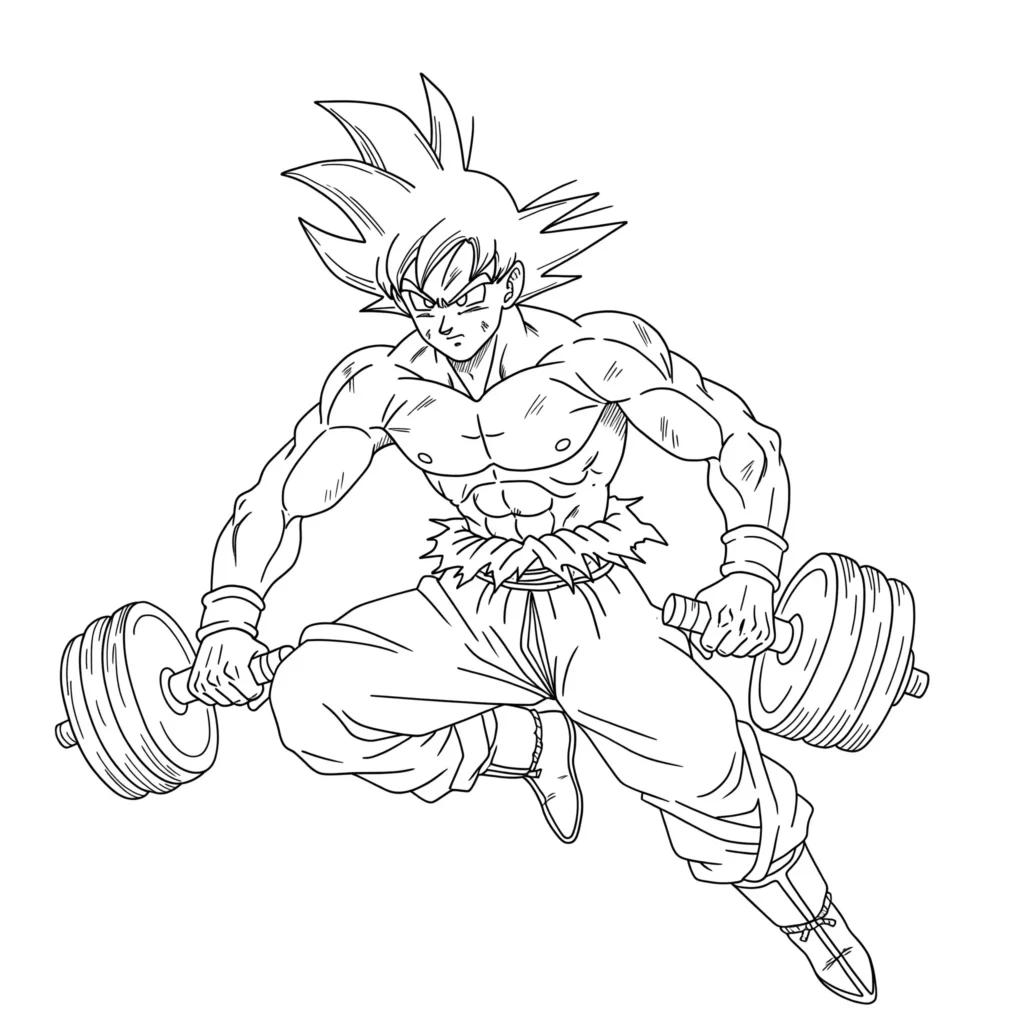 Desenho do Goku musculoso com halteres para colorir Desenho de Goku sem camisa com músculos fortes, segurando halteres. Ele está com pose de ação e botas. Ideal para colorir.