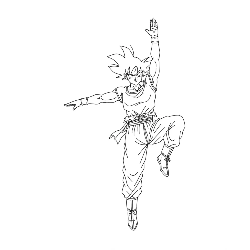 Desenho do Goku para Colorir: Saiyajin em Pose de Luta Aérea Guerreiro Saiyajin Goku suspenso no ar em pose de luta marcial para colorir e uniforme de combate tradicional.