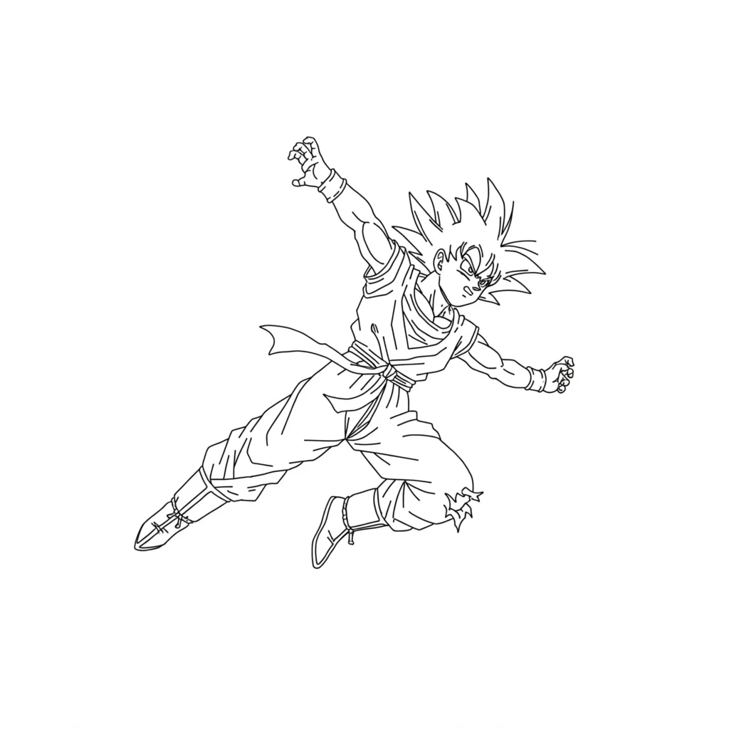 Desenho do Goku pronto para imprimir e colorir em luta Desenho de traços do Goku em pose dinâmica de luta no ar, pronto para colorir, com uniforme de artes marciais.
