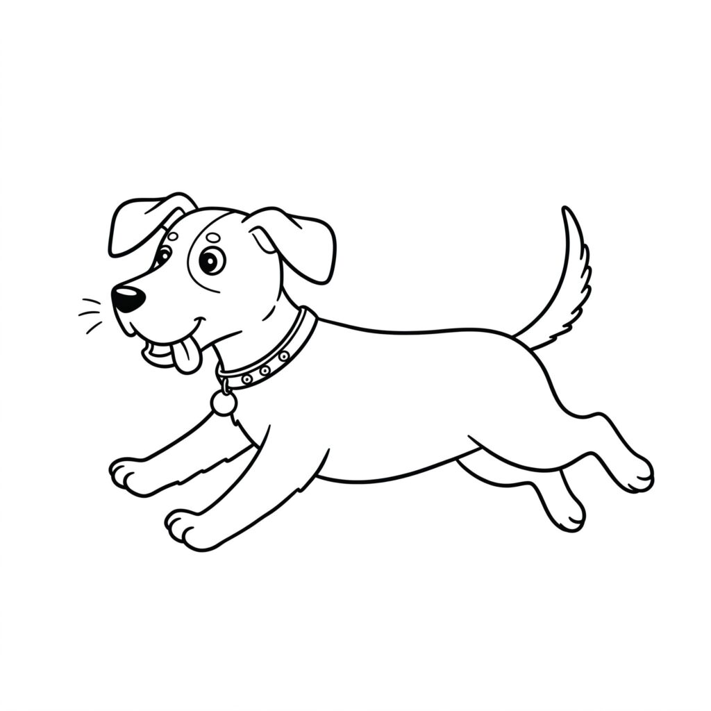 Desenho fácil de cachorro alegre saltando para colorir Cachorro alegre em movimento, orelhas caídas, olhos grandes, língua para fora. Veste coleira com medalha para colorir.