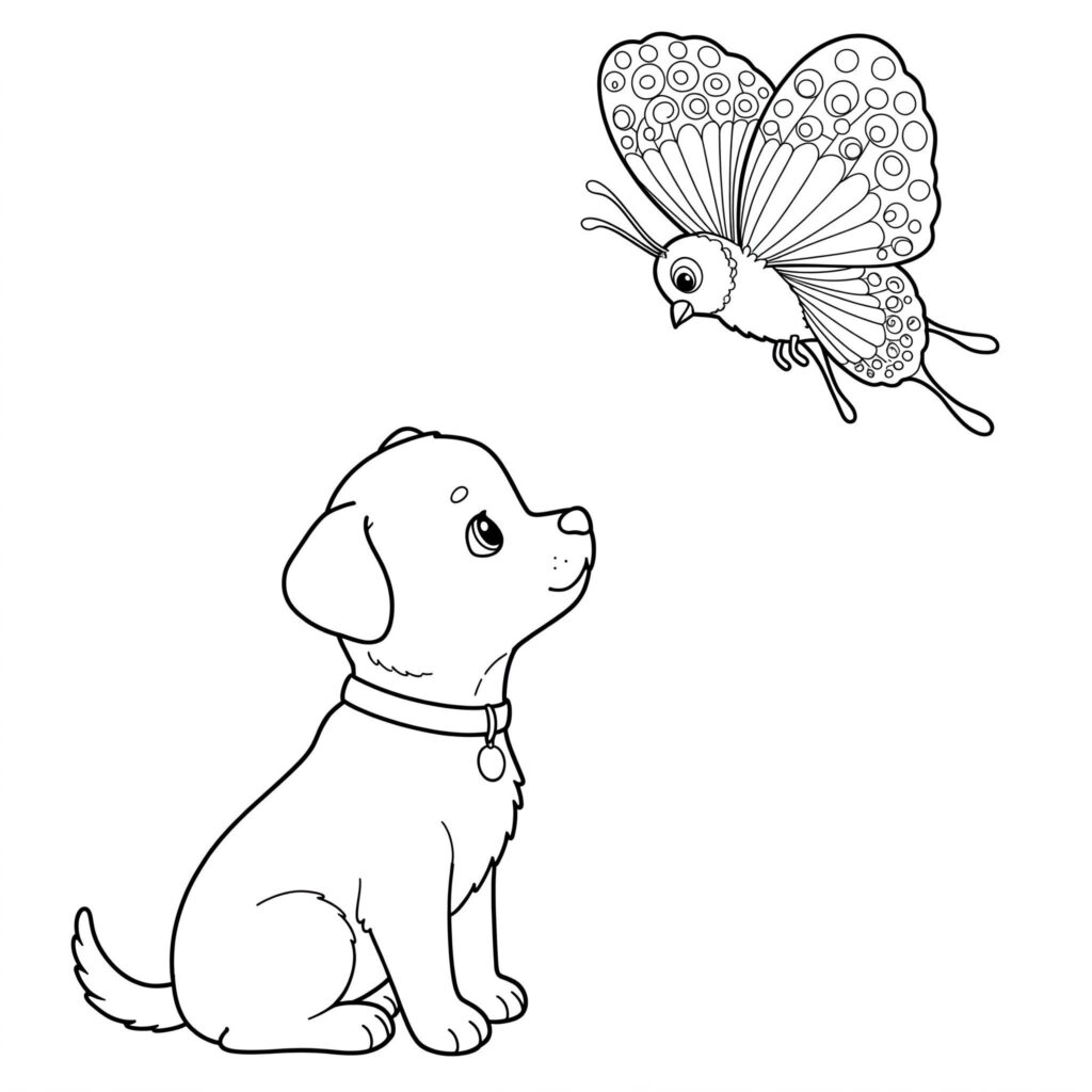 Desenho fácil de cãozinho observando borboleta para colorir Um pequeno Cachorro com coleira e medalha, observando uma borboleta com asas cheias de padrões voar acima de sua cabeça.