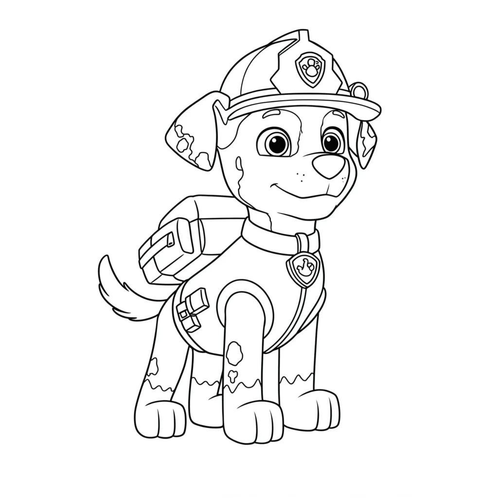 Desenho Marshall da Patrulha Canina para Colorir e Imprimir Desenho para colorir do Marshall, dálmata bombeiro da Patrulha Canina. Ele está de pé com seu uniforme vermelho e capacete.