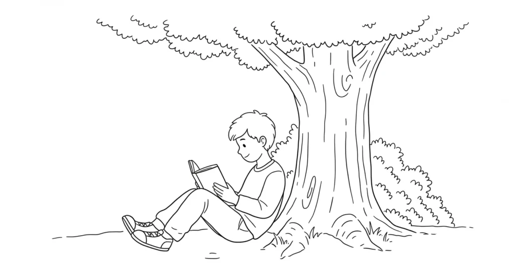 Desenho masculino para colorir: Jovem lendo livro Desenho para colorir masculino: Rapaz feliz lendo livro ao ar livre, sentado na grama de uma árvore grande e robusta.
