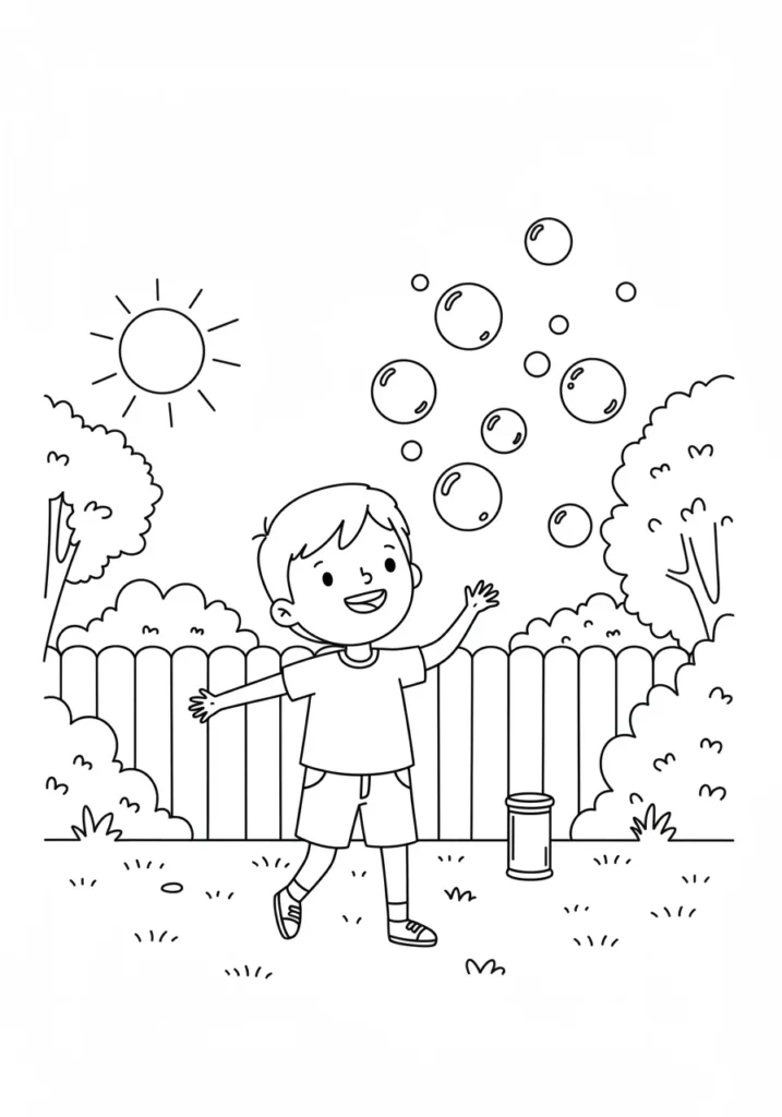 Desenho para colorir de menino alegre com bolhas de sabão Desenho para pintar mostrando um menino sorrindo de braços abertos num quintal com grama, tentando pegar bolhas de sabão.