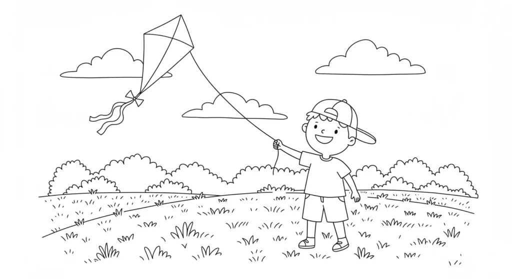 Desenho para colorir de menino feliz empinando pipa Desenho para pintar: menino sorridente de boné segura linha de pipa com cauda em campo gramado sob céu com nuvens fofas.
