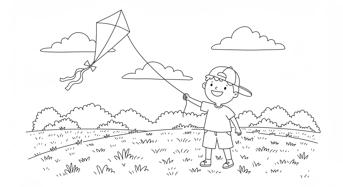 Desenho para pintar: menino sorridente de boné segura linha de pipa com cauda em campo gramado sob céu com nuvens fofas.