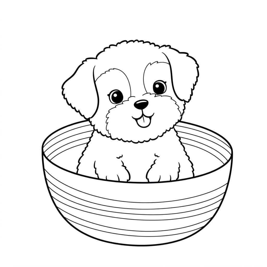 Filhote de Cachorro Fofo para Colorir: Desenho Alegre Desenho de um filhote de cachorro com pelagem ondulada, sentado numa vasilha. Ele sorri com a língua de fora e orelhas caídas