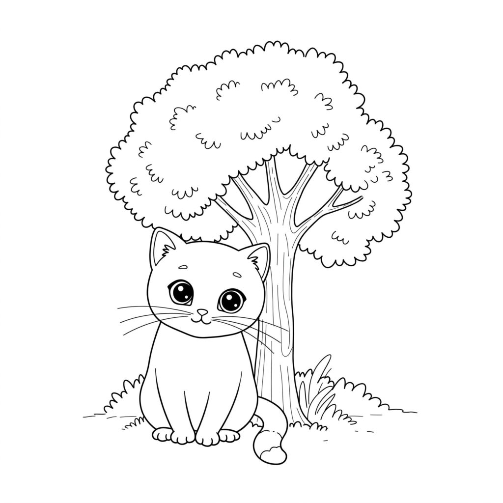 Gatinho Fofo Sentado: Desenho Fácil para Colorir e Imprimir Desenho de um felino adorável sentado, com olhos grandes e curiosos, orelhas pontudas e um sorriso meigo.