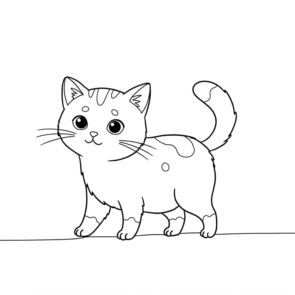 Gato Fofo Desenho Simples e Adorável para Colorir e Imprimir Gato fofo com traços simples, cabeça para frente. Tem olhos grandes, orelhas pontudas, bigodes e cauda para colorir.