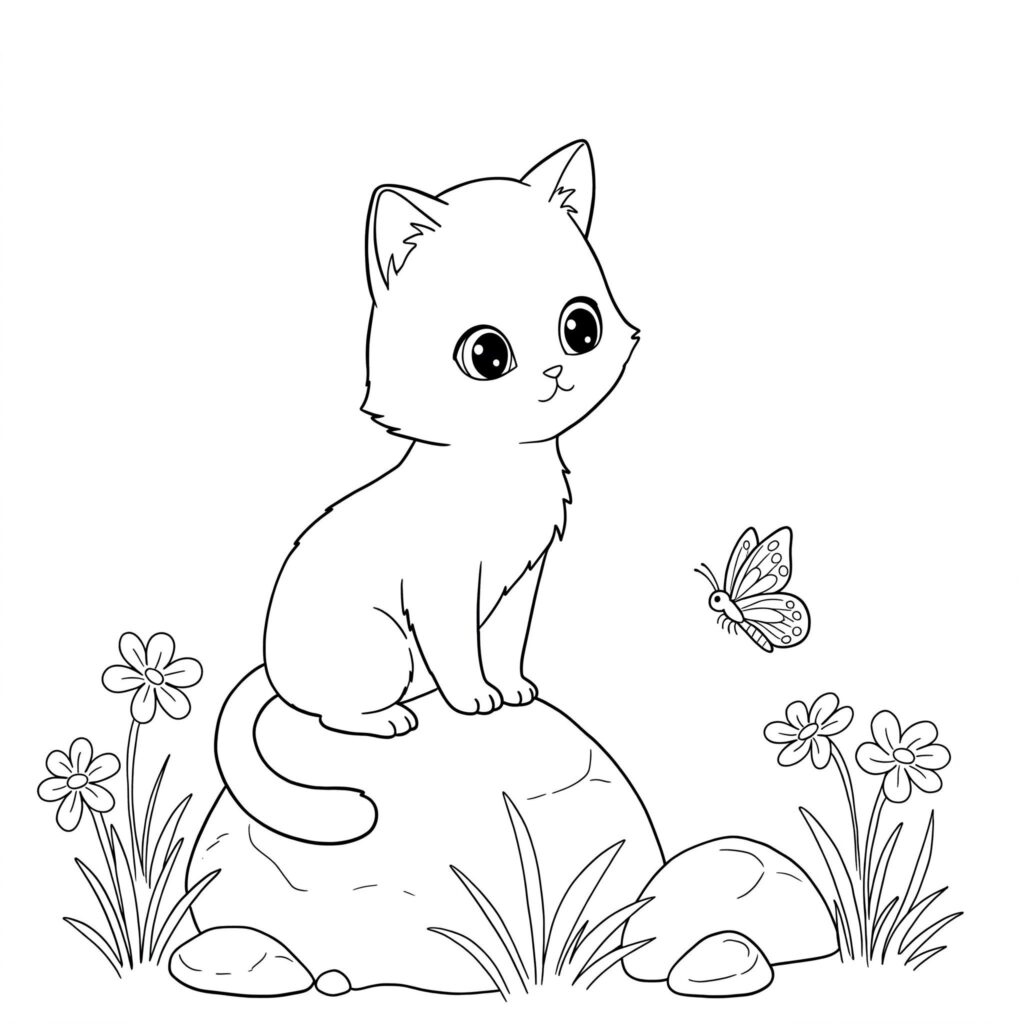 Gato Fofo e Fácil para Colorir: Filhote em Cena Campestre Filhote de gato fofo sobre rocha lisa, olhos grandes e curiosos, observa borboleta no ar.
