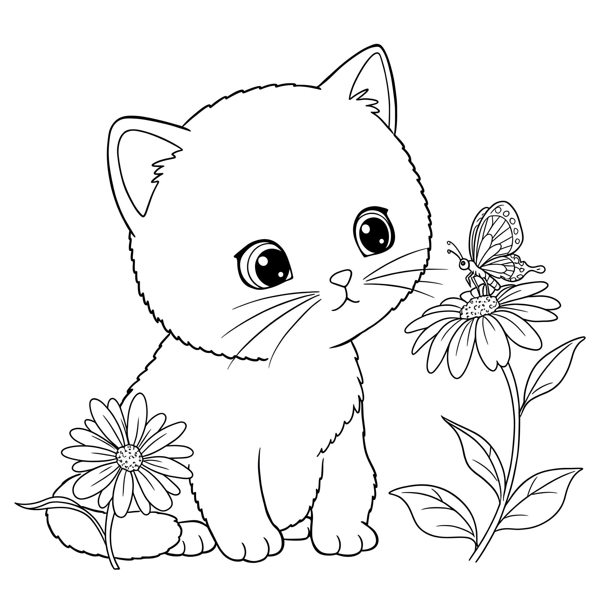 Gatinho fofo de pelagem macia e olhos curiosos, sentado, observa uma borboleta pousada em uma flor margarida para colorir.
