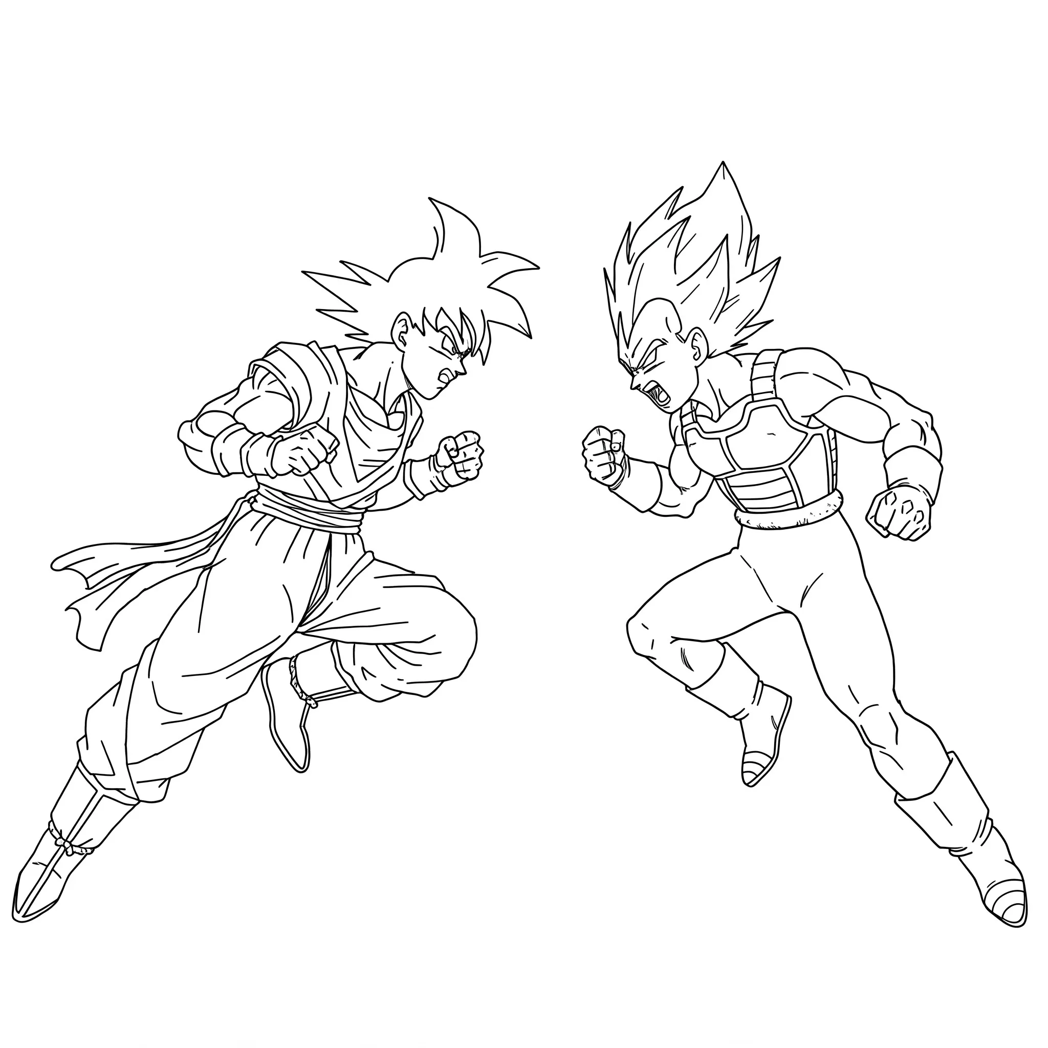 Desenho de Goku com seu kimono laranja e Vegeta com sua armadura de combate Saiyajin, em pose de luta para colorir.