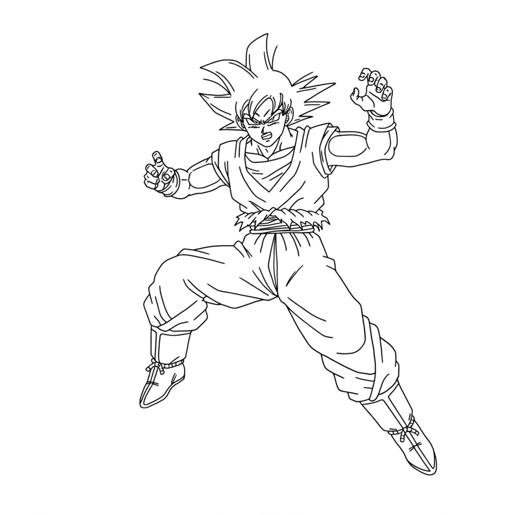 Goku para colorir: Desenho do herói em pose de luta Desenho para pintar de Goku de Dragon Ball Z em posição de luta, com rosto concentrado e seu traje de artes marciais.