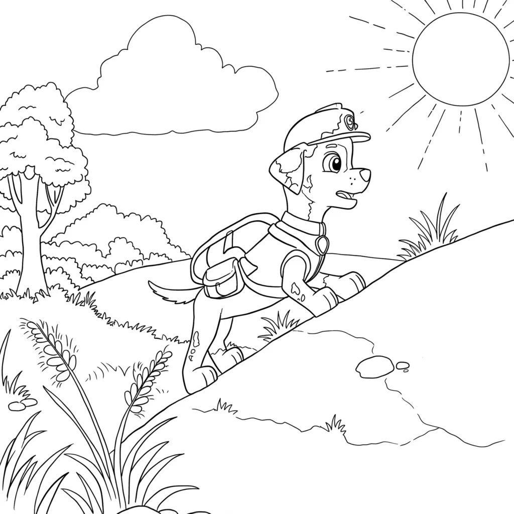 Marshall da Patrulha Canina para Colorir Aventura na Colina Desenho para colorir do Marshall, o bombeiro dálmata da Patrulha Canina. Subindo uma colina verde com capacete e mochila