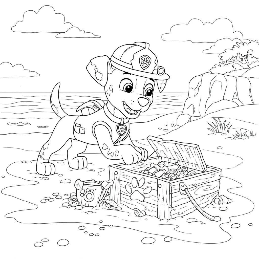 Marshall da Patrulha Canina para Colorir e Imprimir na Praia Desenho para colorir de Marshall, cão bombeiro da Patrulha Canina, usando capacete e colete na praia.