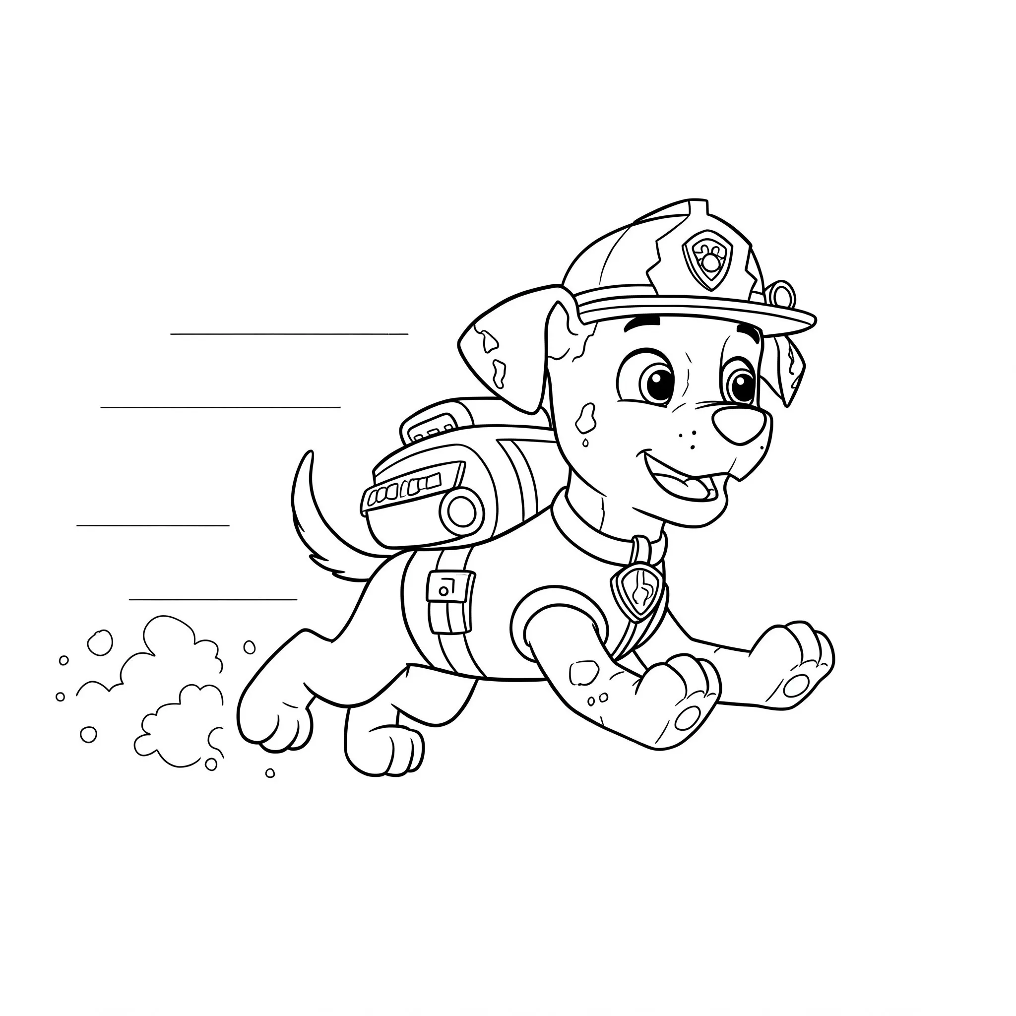 Desenho de Marshall, o dálmata bombeiro da Patrulha Canina, correndo alegremente com seu capacete e mochila para colorir.