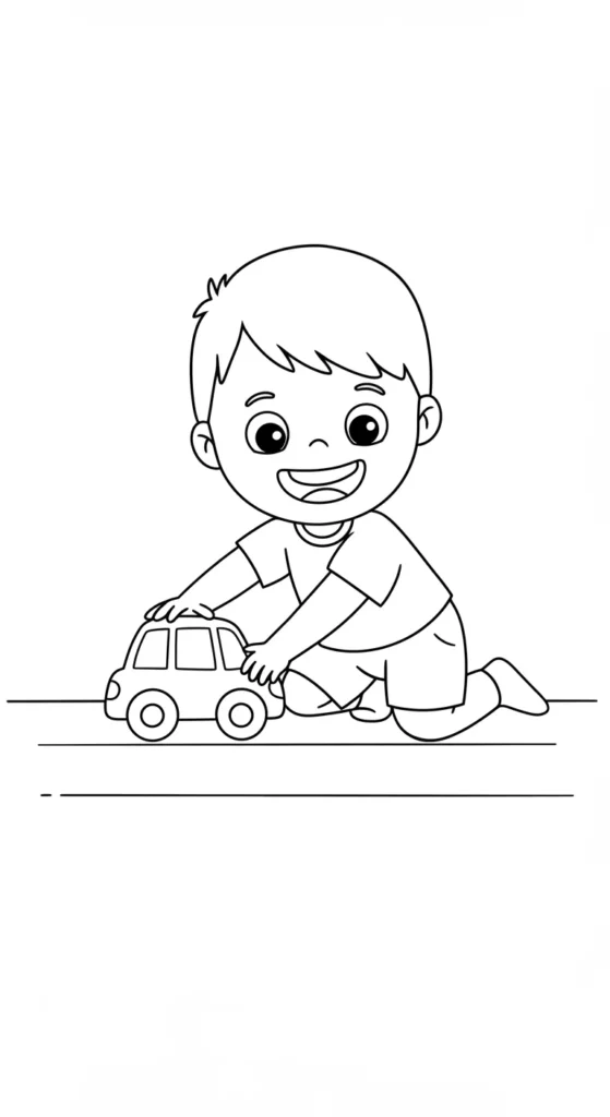 Menino ajoelhado brinca com carrinho: desenho para pintar Menino de cabelo curto e sorriso largo, ajoelhado, se diverte empurrando um carrinho de brinquedo no chão.