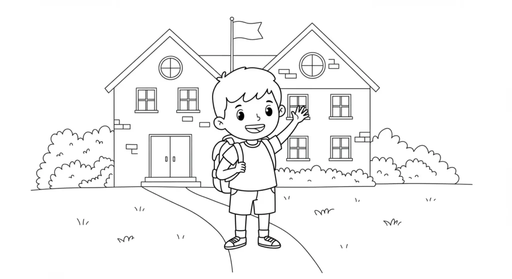 Menino com mochila acenando em frente ao colégio para pintar Desenho de um garoto sorridente, de mochila, acena em frente ao edifício escolar que tem bandeira e janelas.