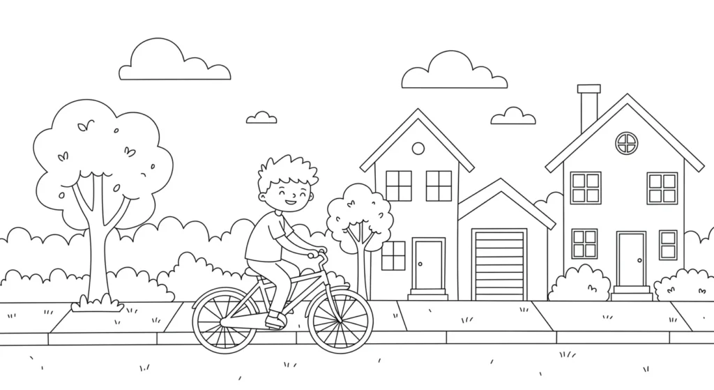 Menino de bicicleta: desenho para pintar de cena residencial Garoto feliz pedalando em sua bicicleta numa calçada de bairro. O desenho apresenta casas, vegetação para pintura.