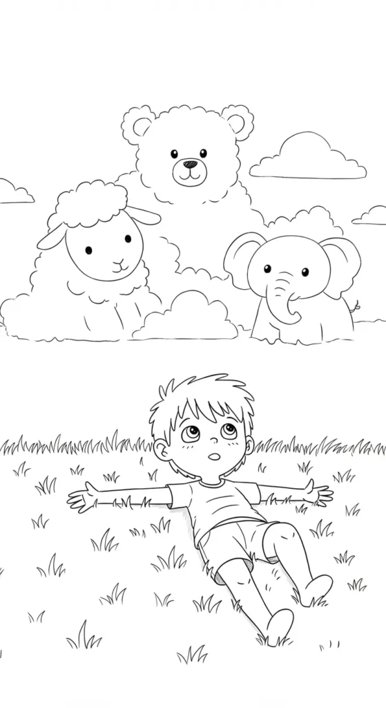 Menino deitado na grama observa urso, ovelha e elefante Desenho menino na grama olhando para cima, encantado com urso, ovelha e elefante simpáticos que flutuam entre nuvens.