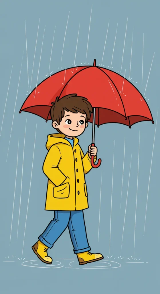 Menino na Chuva com Guarda-Chuva: Figura para Pintar Desenho para colorir de um garoto, protegido da chuva por um guarda-chuva vermelho que segura, vestindo capa amarela e botas.