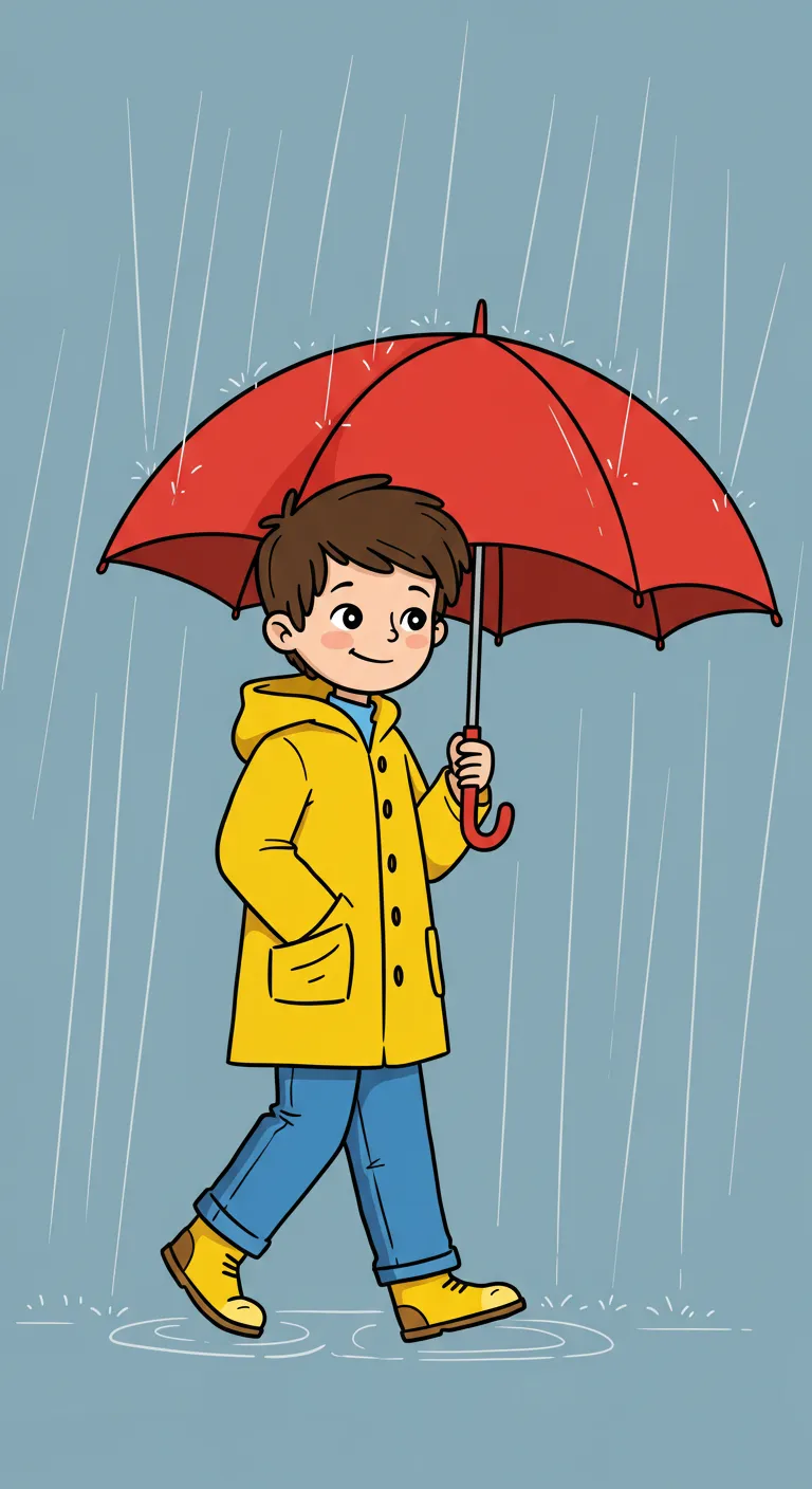Desenho para colorir de um garoto, protegido da chuva por um guarda-chuva vermelho que segura, vestindo capa amarela e botas.