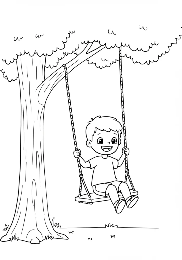 Menino sorridente brincando no balanço: desenho para pintar Atividade para colorir com um menino feliz se balançando sob uma árvore robusta. O garoto está sorrindo e segura as cordas.