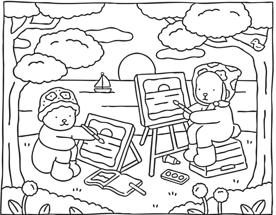 Dois Bobbie Goods pintando paisagens ao ar livre, com chapéus únicos e cavaletes. Sol, lago, barco, árvores e flores.