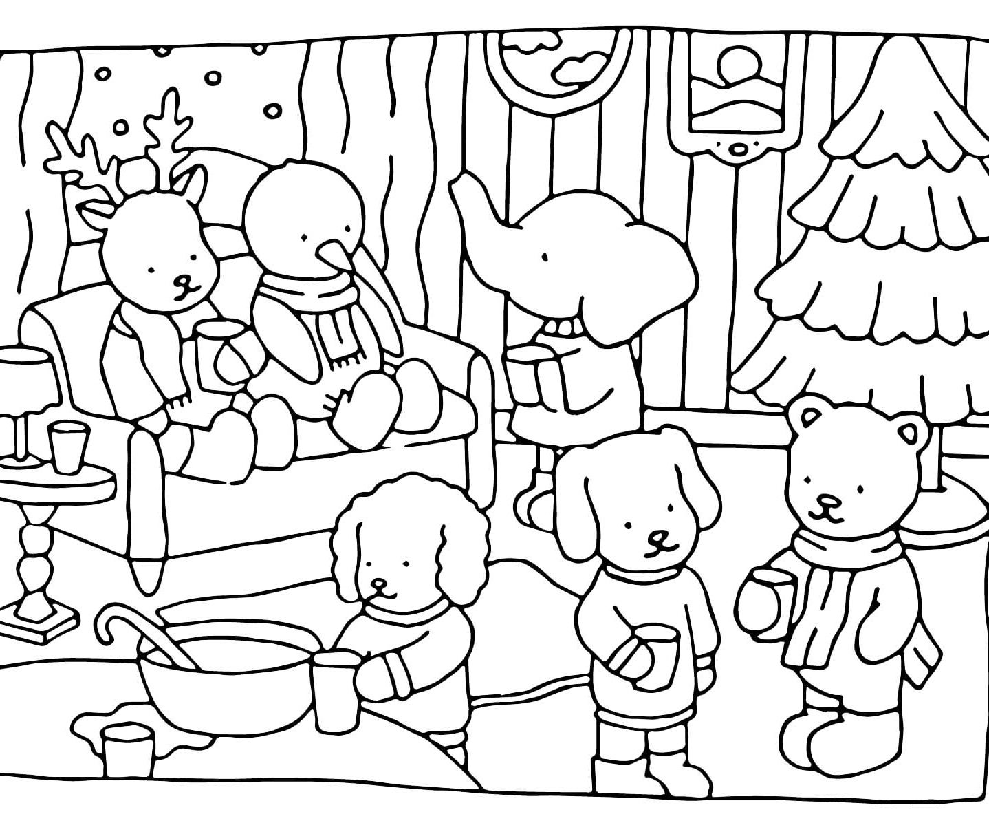 Um grupo de amigos Bobbie Goods desfruta de uma bebida em um ambiente festivo, com cervo, pássaro, elefante, cachorros e urso