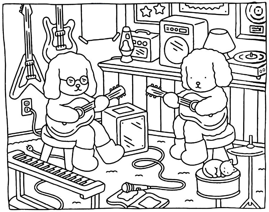 Bobbie Goods poodles tocam guitarras em estúdio. Um cão com óculos ligado a amplificador.