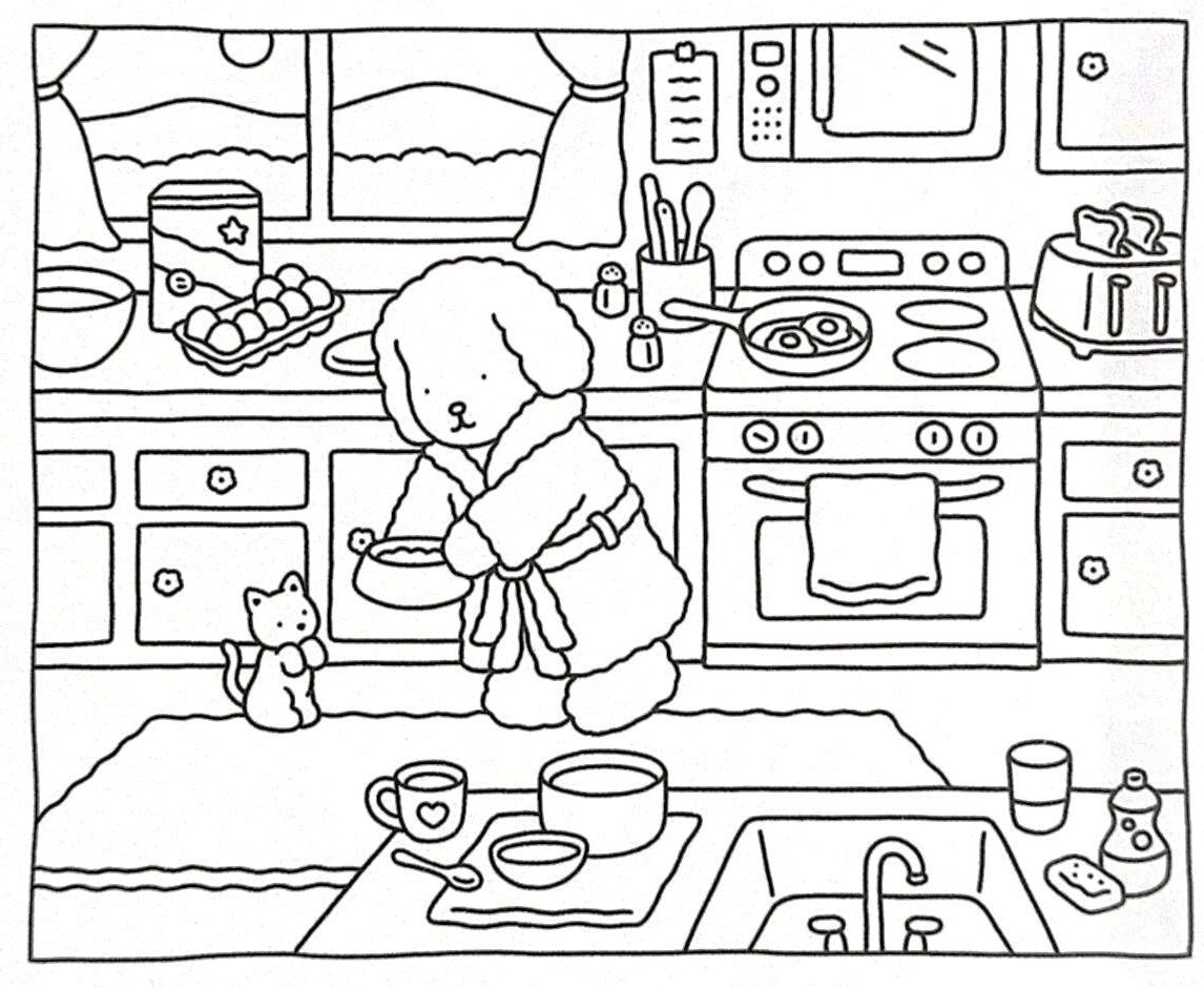 Bobbie Goods em roupão na cozinha aconchegante, com gatinho. Preparando café da manhã, com tigela, ovos, cereal e frigideira.