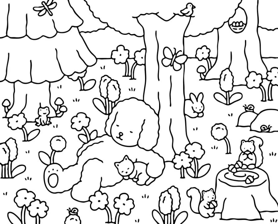 Bobbie Goods descansando com um gatinho na floresta, rodeados por flores, árvores e animais como sapo, coelho e esquilos.