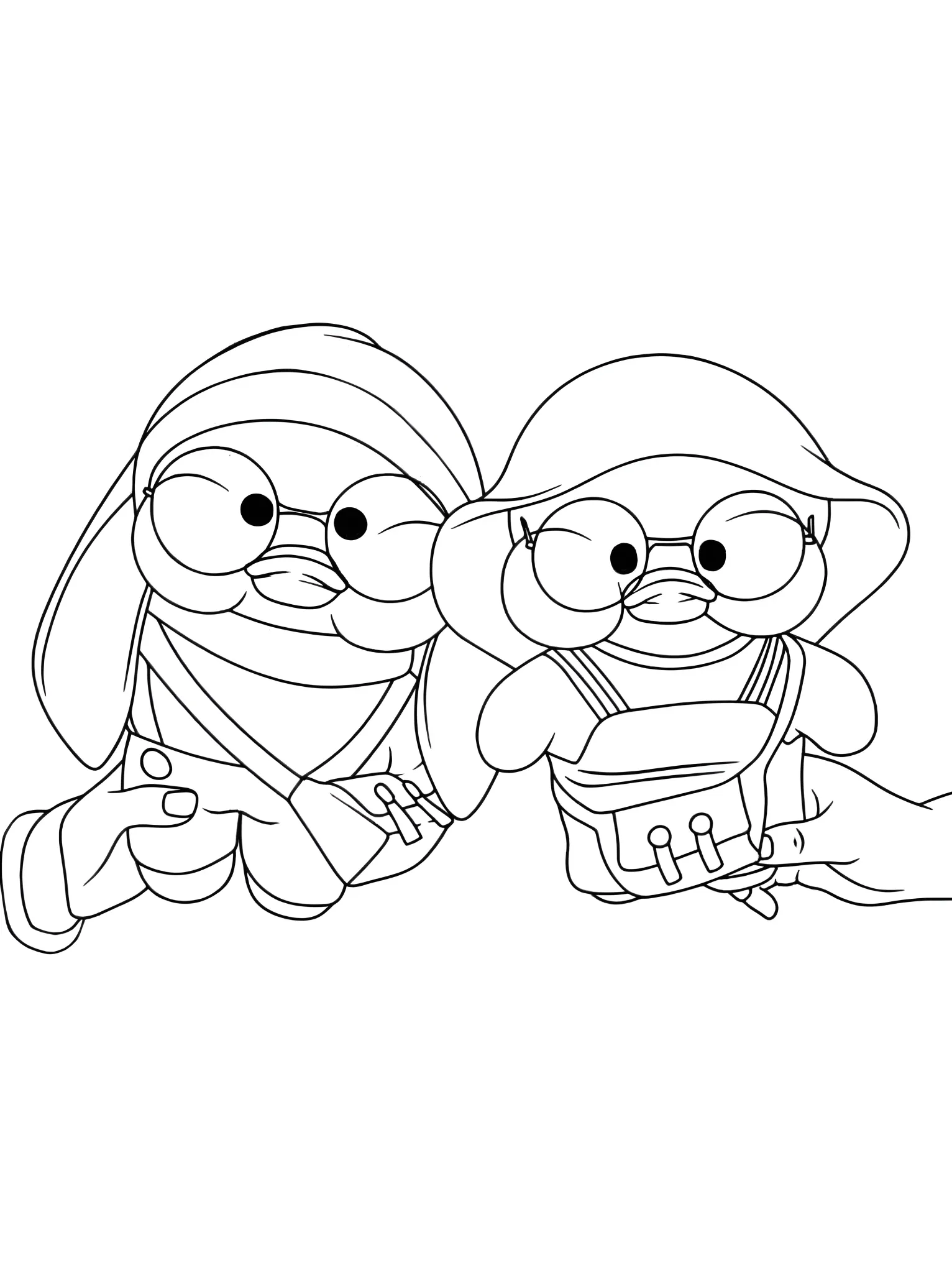 Desenho de Paper Duck para colorir: Patinhos com acessórios Dois Paper Duck com óculos redondos escuros. Um com lenço e bolsa, o outro com chapéu e jardineira.