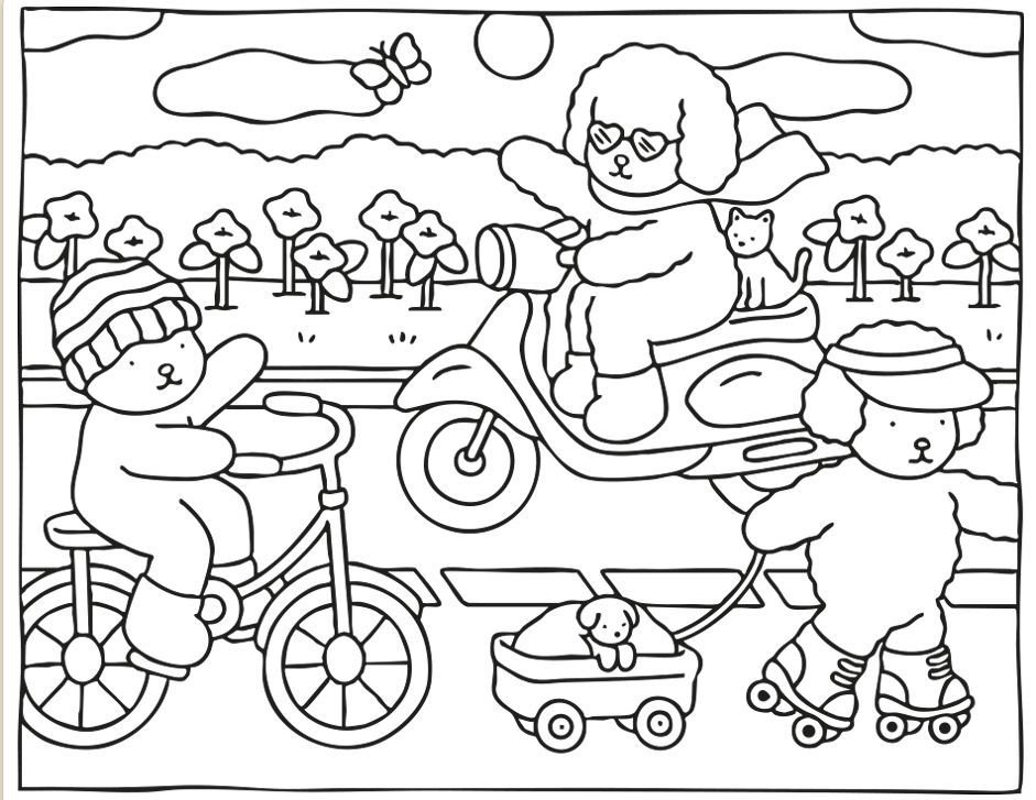 Amigos Bobbie Goods em campo ensolarado. Bicicleta, lambreta com gatinho, patins com cachorrinho. Flores, montanhas, sol.