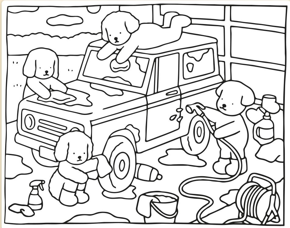 Cachorros Bobbie Goods lavando carro: um no teto, outro no capô, um na roda e o último com a mangueira, em meio a espuma.