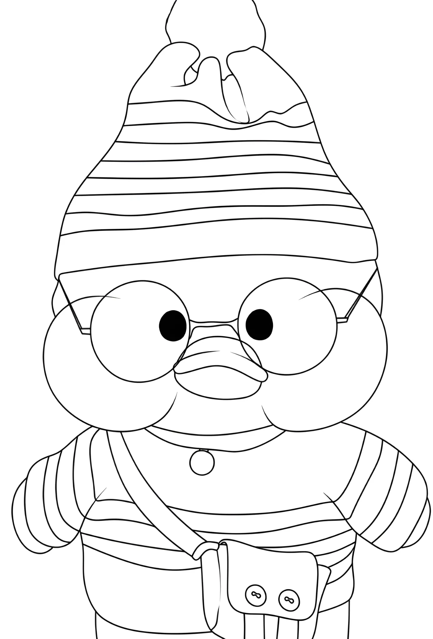 Paper Duck divertido e amigável pronto para ser colorido Paper Duck sorridente com gorro, óculos e blusa listrada. Ele carrega uma bolsa a tiracolo, pronto para aventuras de colorir.